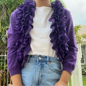 Vintage Purple Cropped Waist Length Ruffled Collar, Lapel Cardigan!